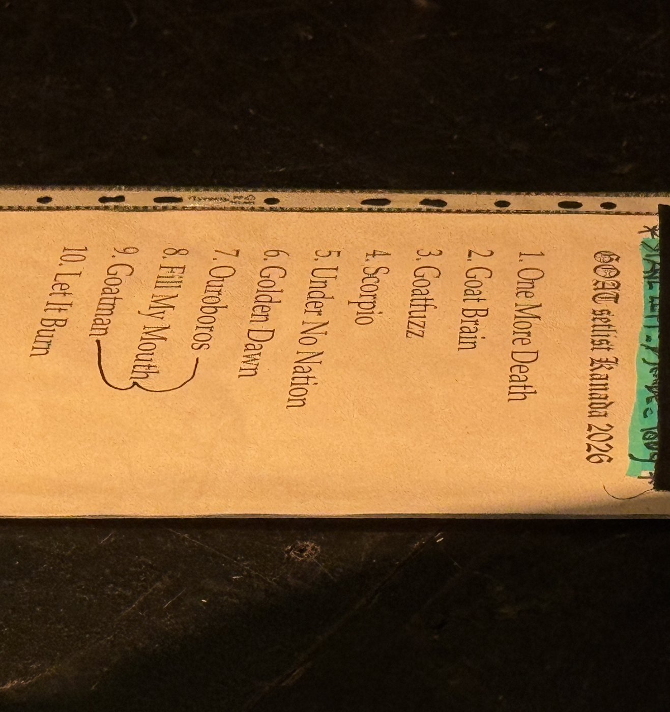 Goat setlist taped to the stage — Canada 2026 tour